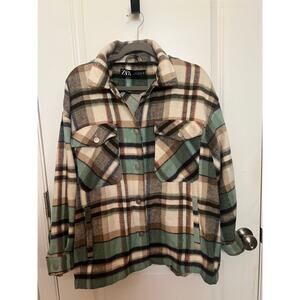 Zara Women's Large Button Down Shirt Check Plaid Beige Green Oversized Jacket